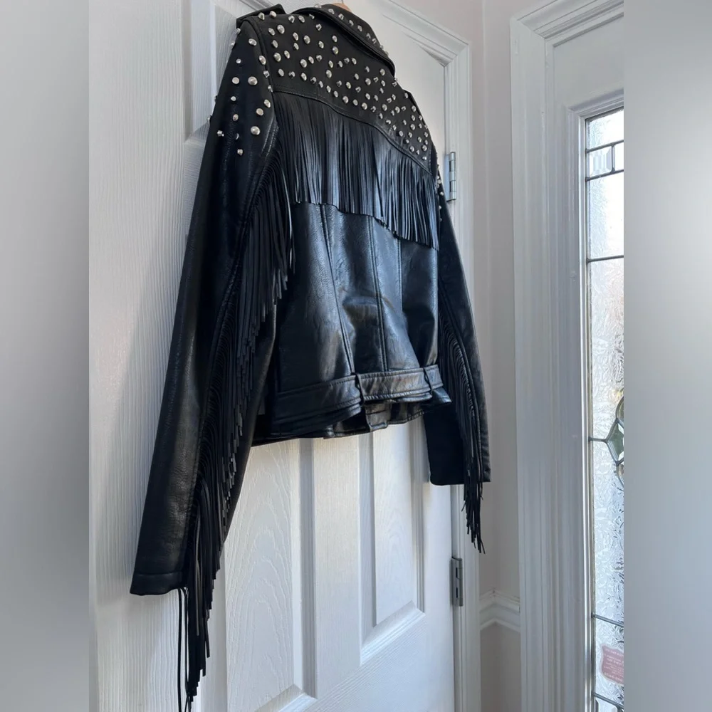 PINK ROSE Black Studded Fringe Leather Moto Jacket - Picture 7 of 10